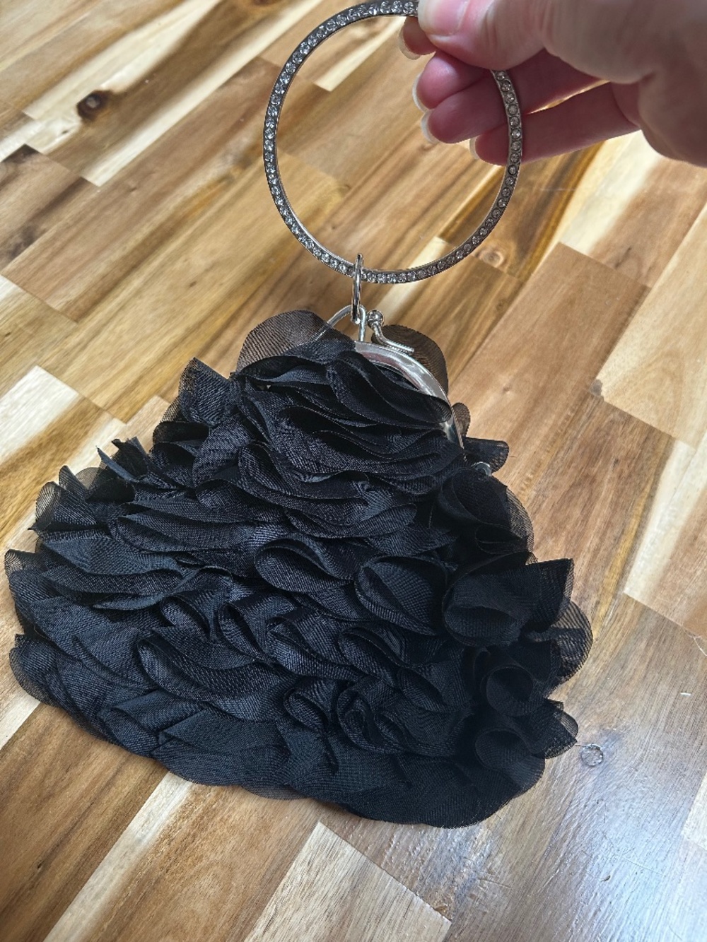 Black Ruffled Evening Wristlet Bag Crystal Embellished Top Handle
